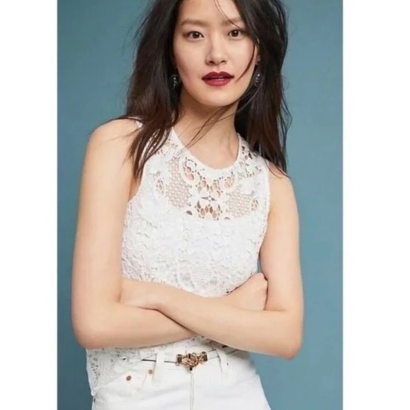 Anthropologie JAMES COVIELLO White Martigues Lace Shell Tank Top Linen Medium - Picture 5 of 14